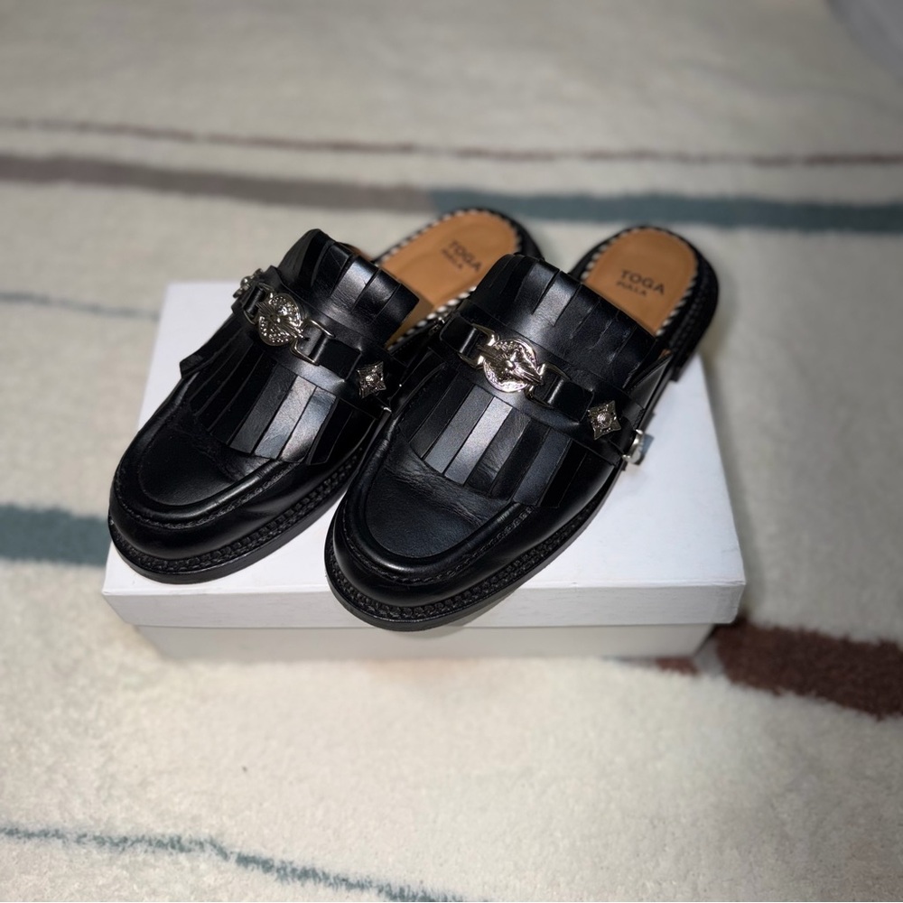 TOGA Pulla Black Leather Mules with Silver Accents - Picture 7 of 9